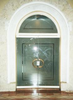 Etched restaurant door and overlight: simple design