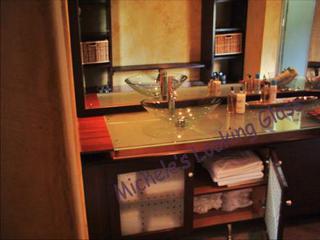 Health Spa: vanity surface and doors etched