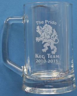 logo etched onto a beer mug